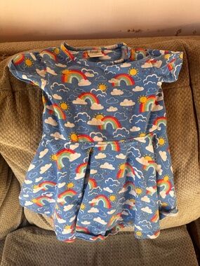 frugi organic cotton toddler 18-24 months Rainbow Print Blue Cotton Dress